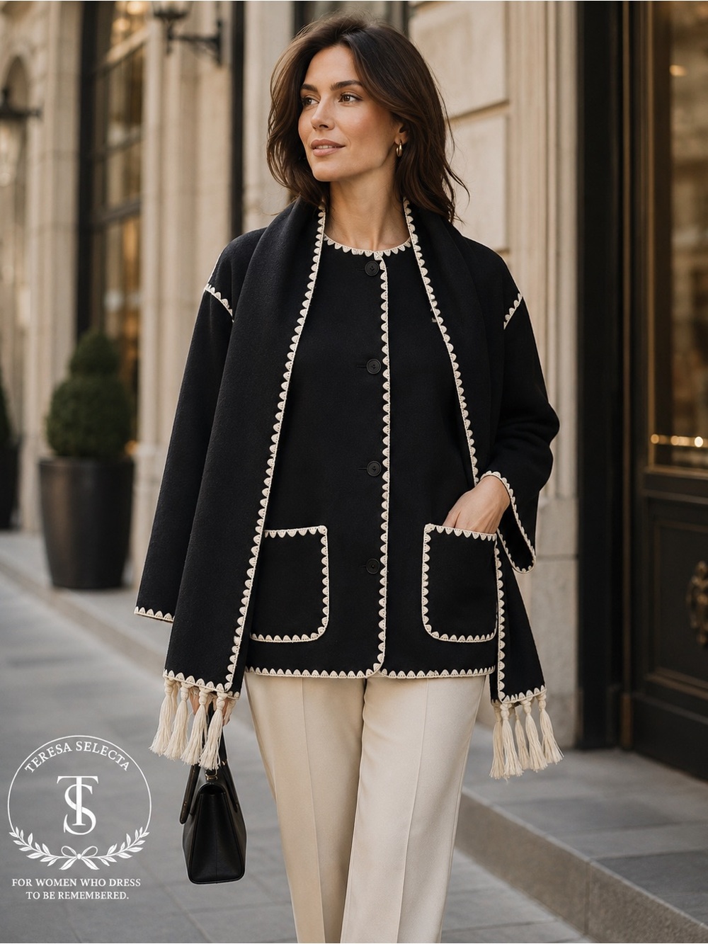 NWT COMMENSE Black Contrast Trim Cardigan Coat & Scarf Set Size S